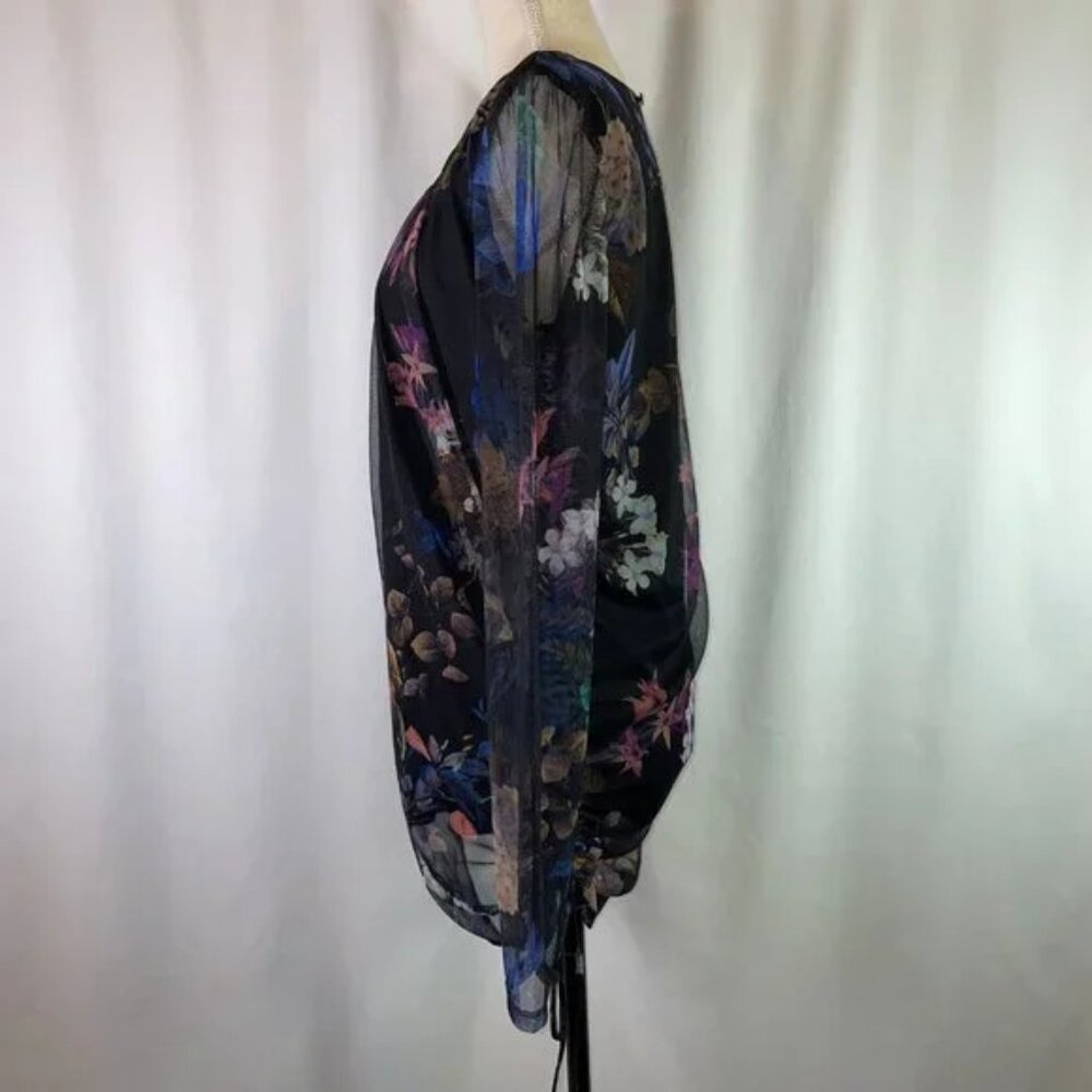 Long Tall Sally Sheer Floral Top Lined Side Ruching Long Sleeves Size S / M TALL - Picture 2 of 10